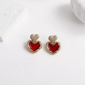 Double Heart Red and Beige Stud Earrings